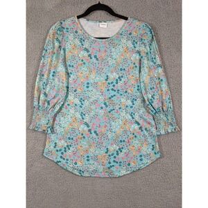 Xieerduo Top Womens S Blue Floral Stretch Smocked Cuff Cottagecore Boho Feminine